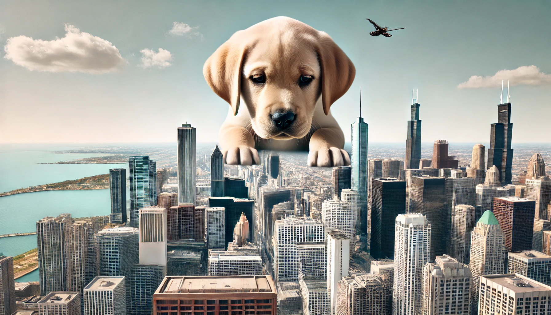 The giant puppy standing between Chicago's skyscrapers, wagging its tail.